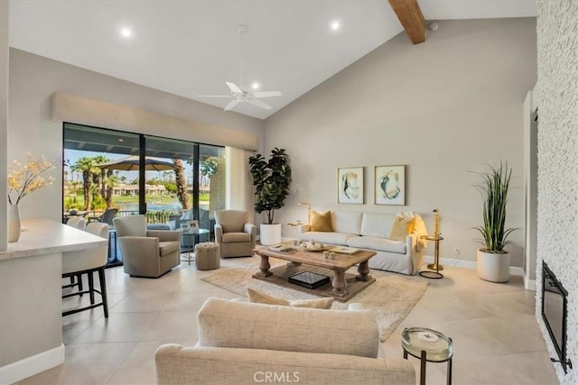 living room with high vaulted ceiling, ceiling fan, and beamed ceiling