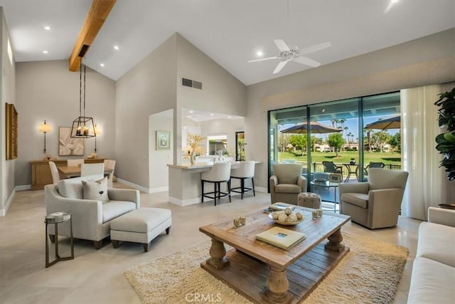 living room with ceiling fan with notable chandelier, high vaulted ceiling, and beamed ceiling