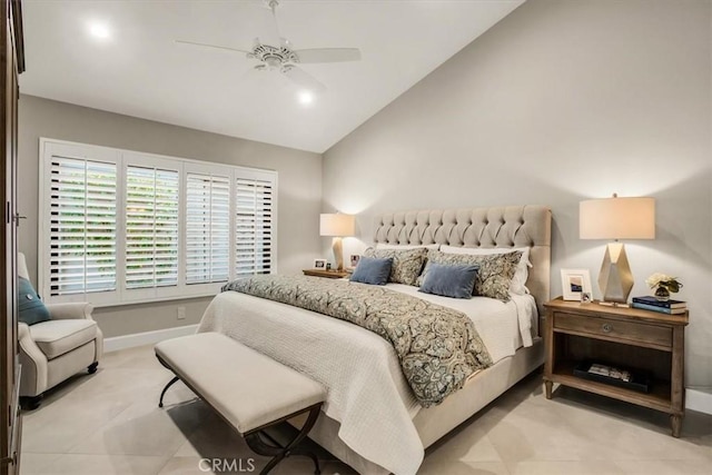 bedroom featuring ceiling fan and vaulted ceiling