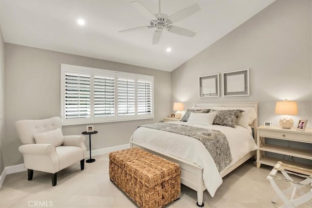 bedroom featuring ceiling fan and vaulted ceiling