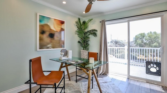 interior space featuring ceiling fan, ornamental molding, and hardwood / wood-style flooring