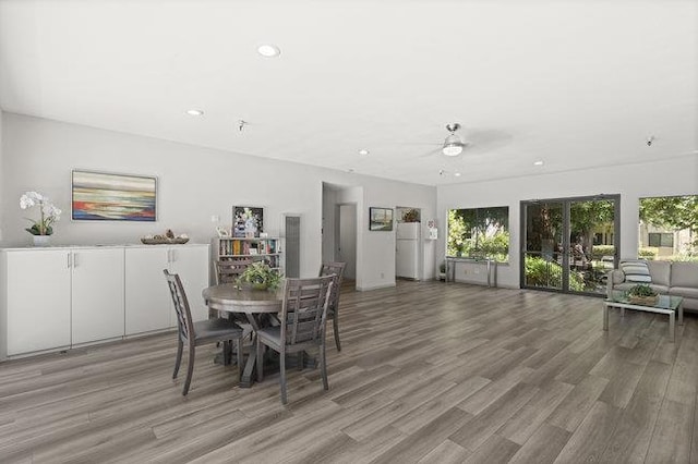 unfurnished dining area with ceiling fan and hardwood / wood-style flooring