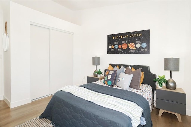 bedroom with hardwood / wood-style floors and a closet