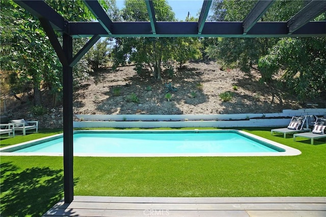 view of swimming pool featuring a lawn