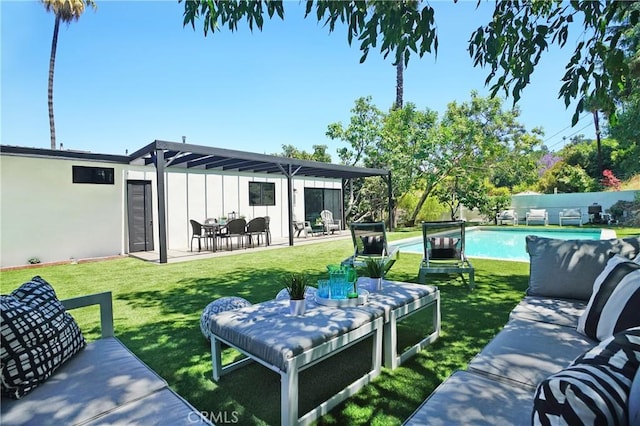 exterior space featuring a yard, a pergola, a patio, a fenced in pool, and an outdoor living space