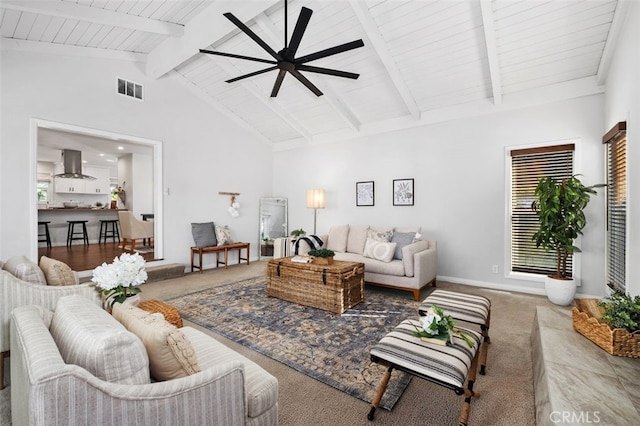 living room featuring ceiling fan, high vaulted ceiling, and beam ceiling