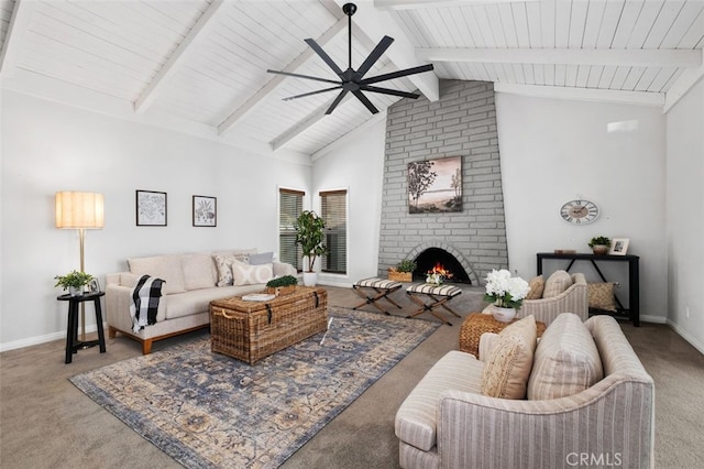 living room featuring ceiling fan, high vaulted ceiling, carpet floors, and a fireplace