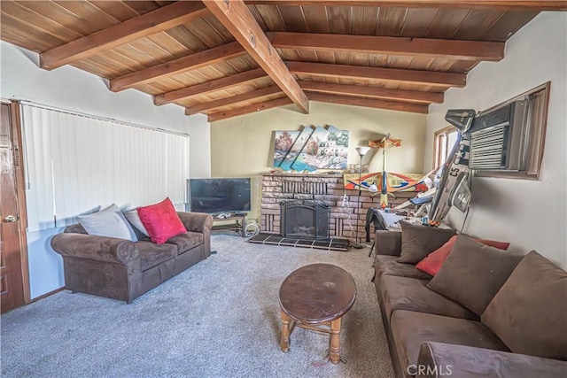 living room with wooden ceiling, vaulted ceiling with beams, carpet flooring, and a fireplace