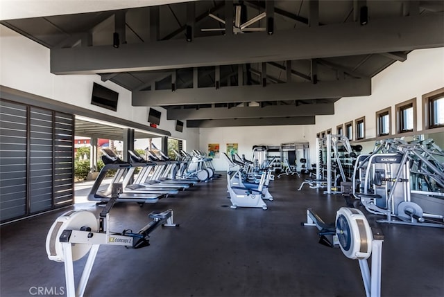 workout area with high vaulted ceiling