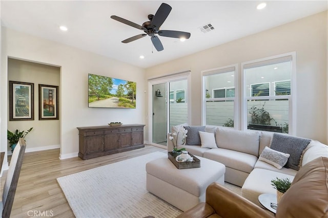 living room with ceiling fan and light wood-type flooring