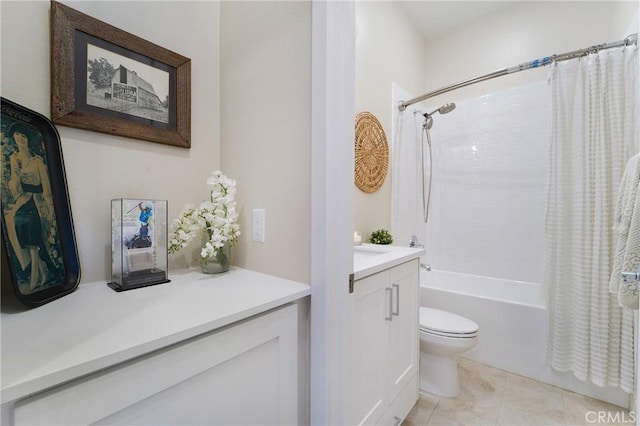 full bathroom with tile patterned flooring, vanity, shower / tub combo, and toilet