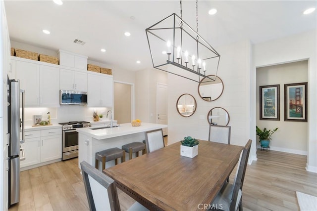 dining area featuring sink and light hardwood / wood-style floors