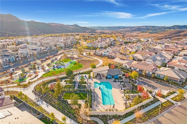 drone / aerial view featuring a mountain view