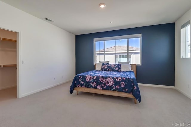 carpeted bedroom featuring a spacious closet and a closet