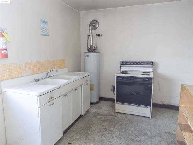 kitchen featuring sink, water heater, white cabinets, and white electric range oven