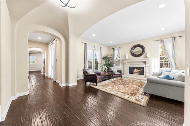 living room featuring a wealth of natural light and dark hardwood / wood-style flooring