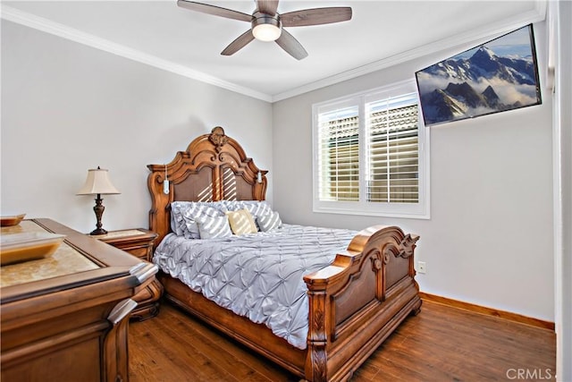 bedroom featuring ceiling fan, ornamental molding, and hardwood / wood-style floors