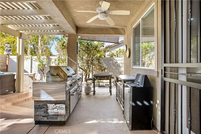 exterior space featuring ceiling fan, a pergola, and area for grilling