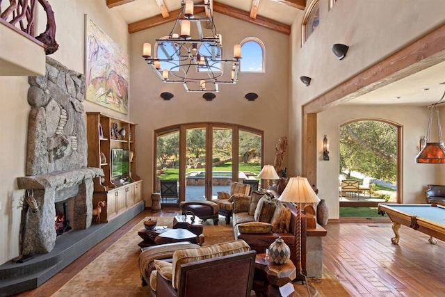 living room featuring high vaulted ceiling, pool table, hardwood / wood-style flooring, and beamed ceiling