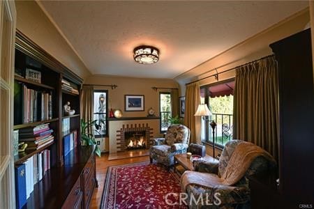 living area with wood finished floors and a fireplace