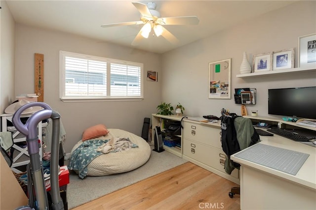 home office with light hardwood / wood-style floors and ceiling fan