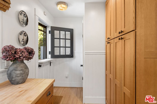 doorway featuring wood walls and light hardwood / wood-style floors