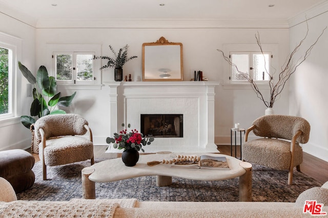 sitting room featuring crown molding, a fireplace, and hardwood / wood-style flooring