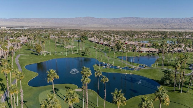 birds eye view of property with a water and mountain view