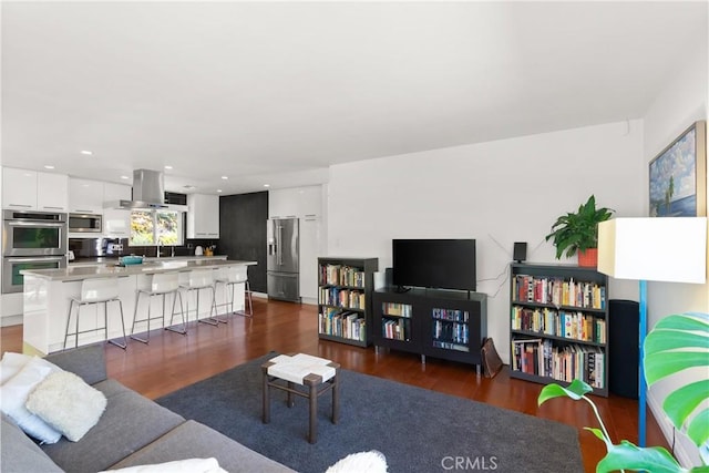 living room with sink and dark wood-type flooring