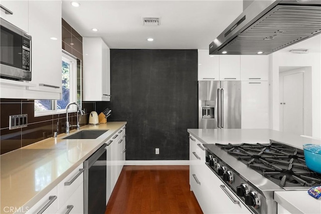 kitchen with sink, white cabinetry, exhaust hood, and appliances with stainless steel finishes