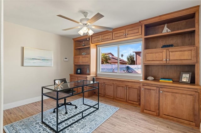 office area featuring light hardwood / wood-style floors and ceiling fan