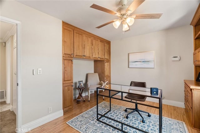 office area featuring ceiling fan and light wood-type flooring