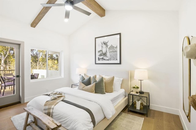 bedroom with light hardwood / wood-style flooring, vaulted ceiling with beams, access to outside, and ceiling fan