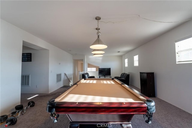 game room with carpet and pool table