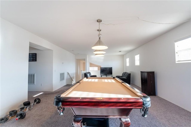 recreation room with carpet flooring and pool table