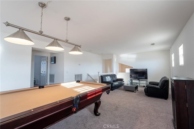 rec room with pool table and light colored carpet