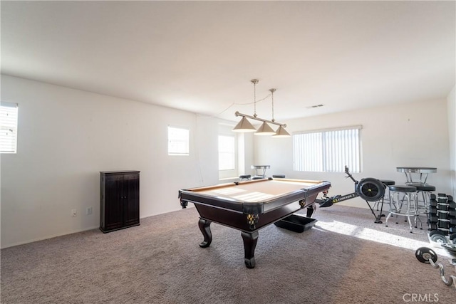 game room featuring carpet, a healthy amount of sunlight, and pool table