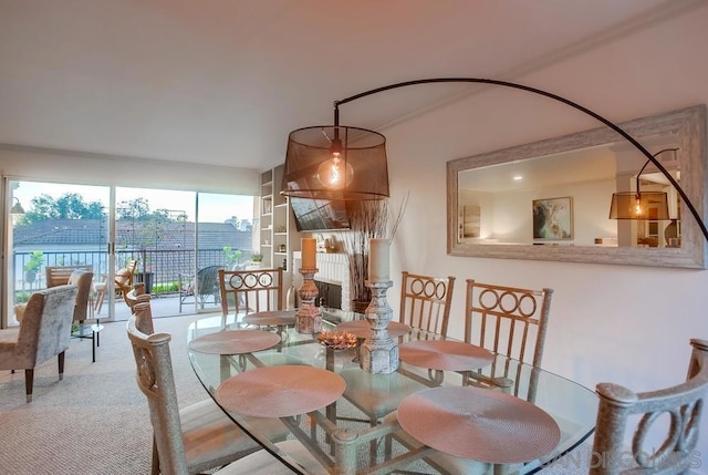 carpeted dining space with built in shelves