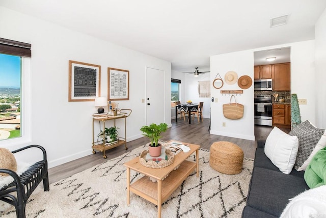 living room with ceiling fan, wood-type flooring, and plenty of natural light