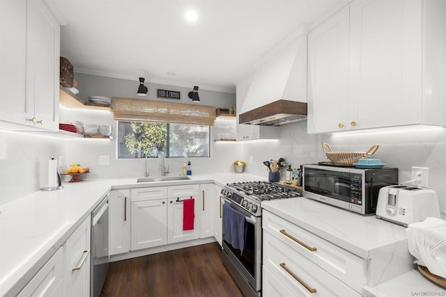 kitchen featuring custom exhaust hood, appliances with stainless steel finishes, dark wood-type flooring, white cabinets, and sink