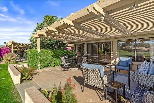 view of patio / terrace with outdoor dining area, a pergola, and an outdoor hangout area