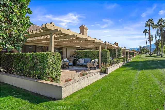 view of home's community featuring a yard, an outdoor living space, a pergola, and a patio