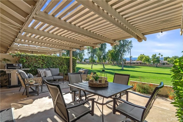 view of patio / terrace featuring grilling area, an outdoor living space, a pergola, and outdoor dining space