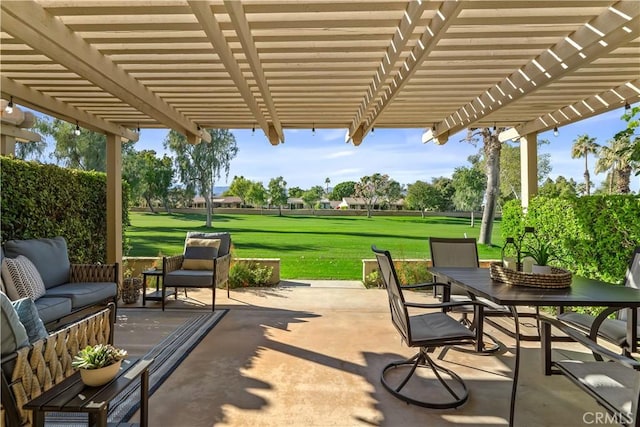 view of patio / terrace featuring outdoor lounge area, a pergola, and outdoor dining space