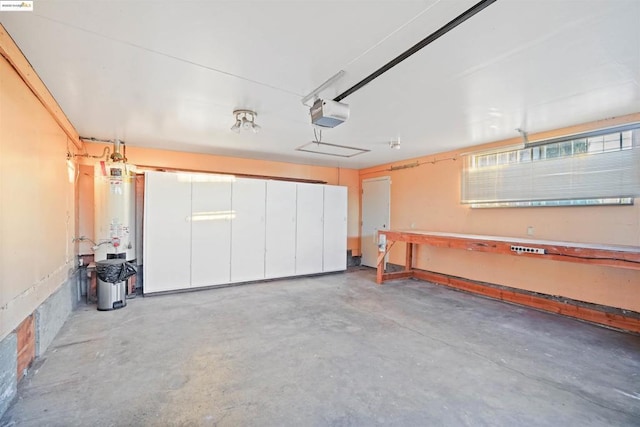 garage featuring a garage door opener and water heater