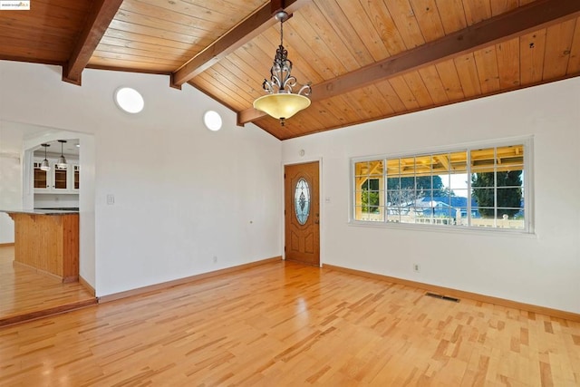 interior space featuring vaulted ceiling with beams, light hardwood / wood-style floors, and wooden ceiling