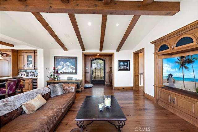 living room featuring beverage cooler, lofted ceiling with beams, and dark wood-type flooring