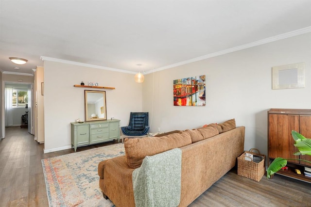 living room featuring ornamental molding and hardwood / wood-style floors