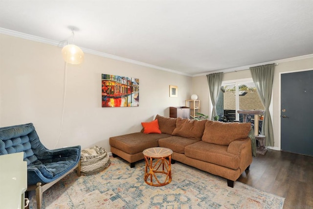 living room featuring crown molding and wood-type flooring