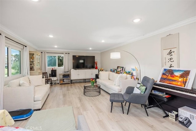 living room featuring ornamental molding and light hardwood / wood-style flooring